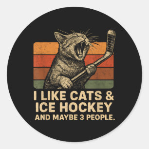 Pegatina Redonda Me gustan los gatos, el hockey sobre hielo y tal v