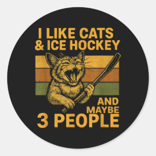 Pegatina Redonda Me gustan los gatos, el hockey sobre hielo y tal v