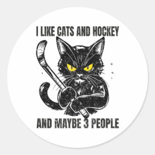 Pegatina Redonda Me gustan los gatos y el hockey y quizás 3 persona