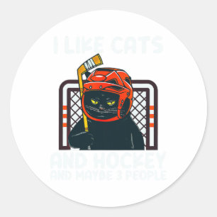 Pegatina Redonda Me gustan los gatos y el hockey y tal vez 3 person