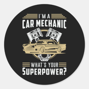 Pegatina Redonda Mechanic Car Mechanpower Superpower Funny Gift Ide