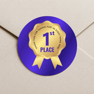 Pegatina Redonda Medalla de Primer Lugar Premio Evento Azul y Oro G