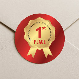 Pegatina Redonda Medalla de Primer Lugar Premio Rojo y Dorado Ganad