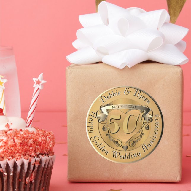 Pegatina Redonda Medallón de Oro 50° aniversario Boda Café M (Fiesta)