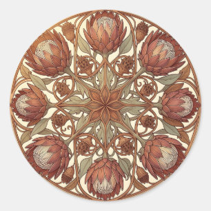 Pegatina Redonda Medallón floral Art Nouveau de protea de terracota