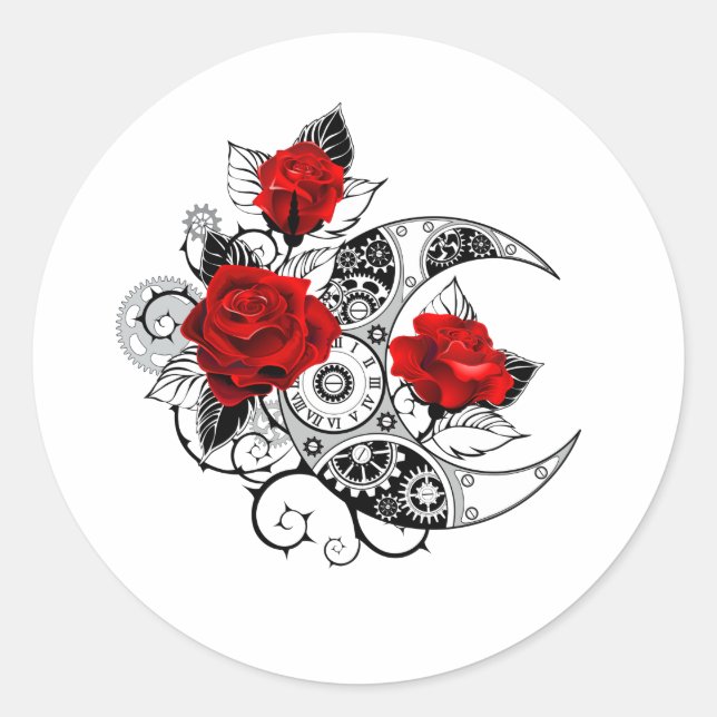 Pegatina Redonda Media luna mecánica con rosas rojas (Anverso)