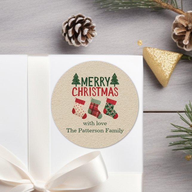 Pegatina Redonda Medias de Navidad Rústicas Fiesta (Rustic Christmas Stockings Holiday Classic Round Sticker)