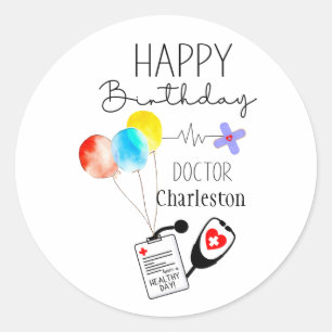 Pegatina Redonda Médica Feliz cumpleaños, globos planos