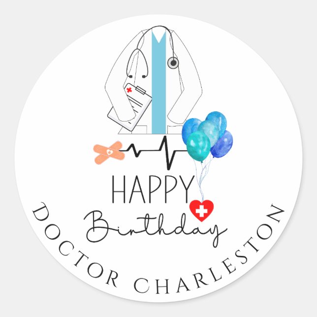 Pegatina Redonda Médica Happy Birday White Coat Personalizado Flat (Anverso)