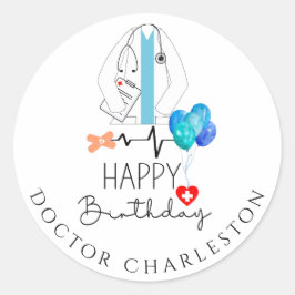 Pegatina Redonda Médica Happy Birday White Coat Personalizado Flat