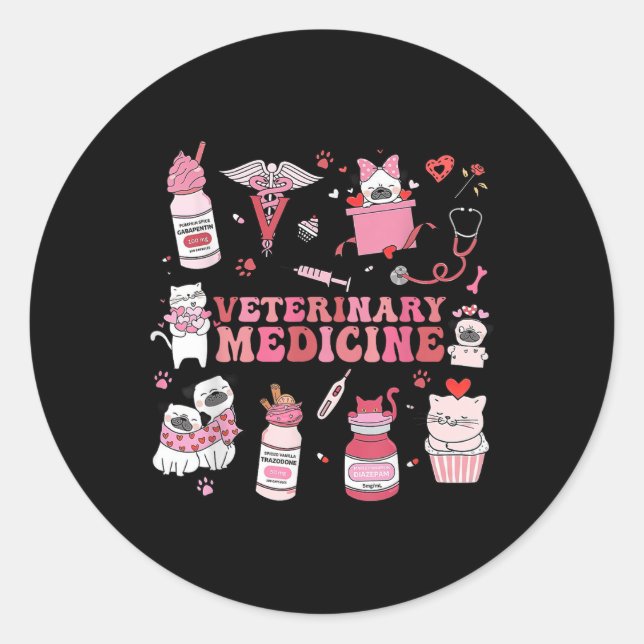 Pegatina Redonda Medicina Veterinaria Retro Valentine Vet Tech Cat  (Anverso)