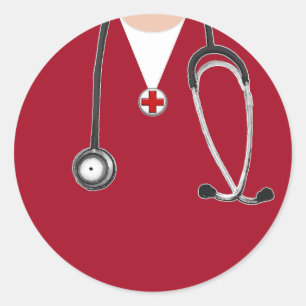Pegatina Redonda Médico Bata de Hospital Rojo