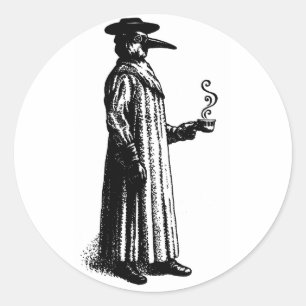 Pegatina Redonda Médico de la plaga con un Cuppa caliente