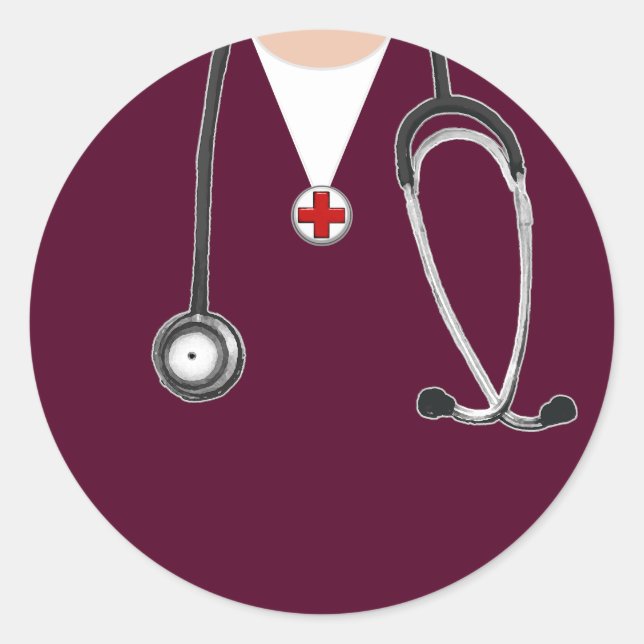 Pegatina Redonda Médico Maroon Scrubs (Anverso)