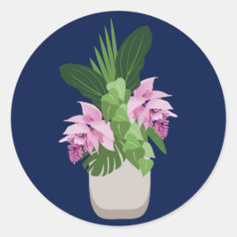 Pegatina Redonda Medinilla tropical Vasa de flores rosadas en azul 
