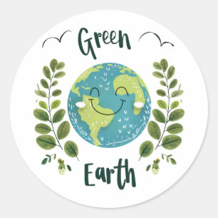Pegatina Redonda Medio ambiente mundial - Tierra sonriente con Tier