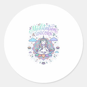 Pegatina Redonda Meditación de Unicornio Unicornio Fondo Blanco Vec