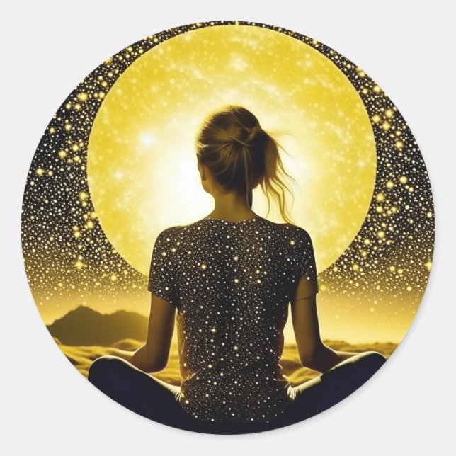 Pegatina Redonda Meditación femenina bajo la luna celestial (Anverso)
