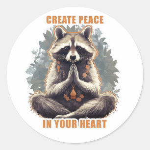 Pegatina Redonda Meditación Raccoon Yoga Crea paz en tu corazón