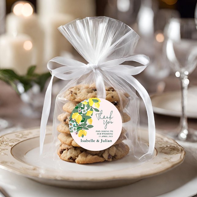 Pegatina Redonda Mediterráneo Italiano Grecia Limón Rosa Boda (Mediterranean Italian Greece Lemon Pink Wedding Classic Round Sticker)