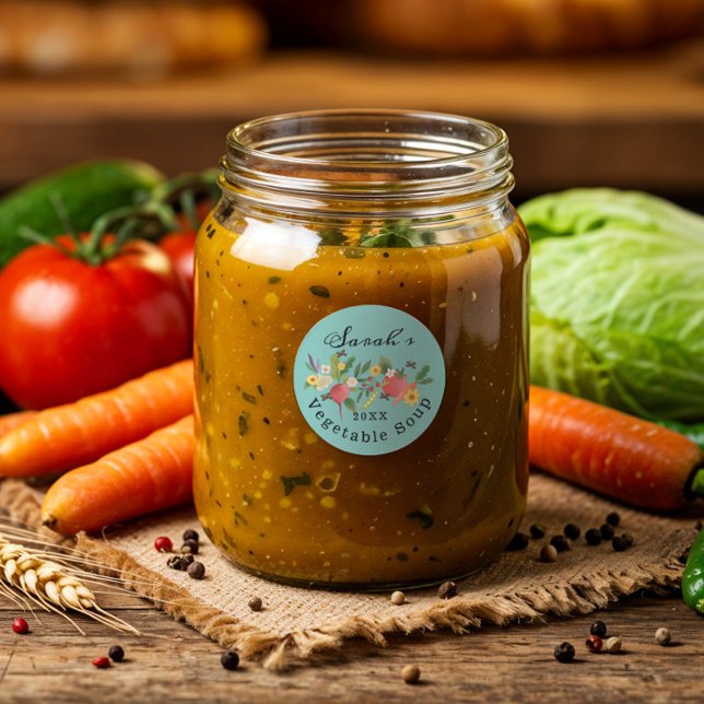 Pegatina Redonda Medley Jardín de Verduras Frescas y Mariposas Verd (Fresh Vegetable Garden Medley & Butterflies Teal Classic Round Sticker)