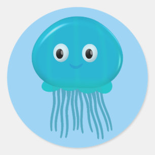 Pegatina Redonda Medusa de dibujos animados linda en océano azul