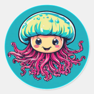 Pegatina Redonda Medusa de Dibujos Animados Sonriente Regalo Divert