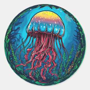 Pegatina Redonda Medusa de Dibujos Animados Vibrante Regalo Diverti