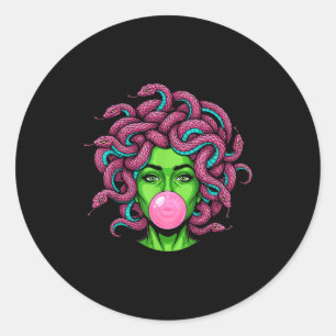 Pegatina Redonda Medusa Soplando Chicle P Arte Diseño Mitología
