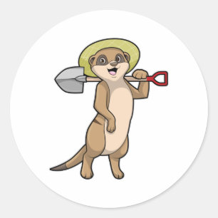 Pegatina Redonda Meerkat como granjero con pala