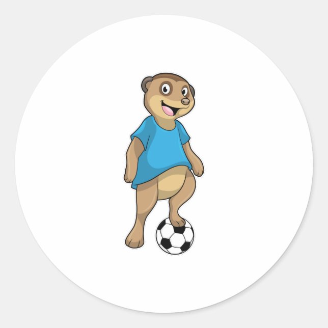 Pegatina Redonda Meerkat como jugador de fútbol con fútbol (Anverso)