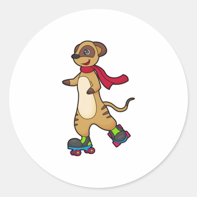 Pegatina Redonda Meerkat como patinador con patines (Anverso)