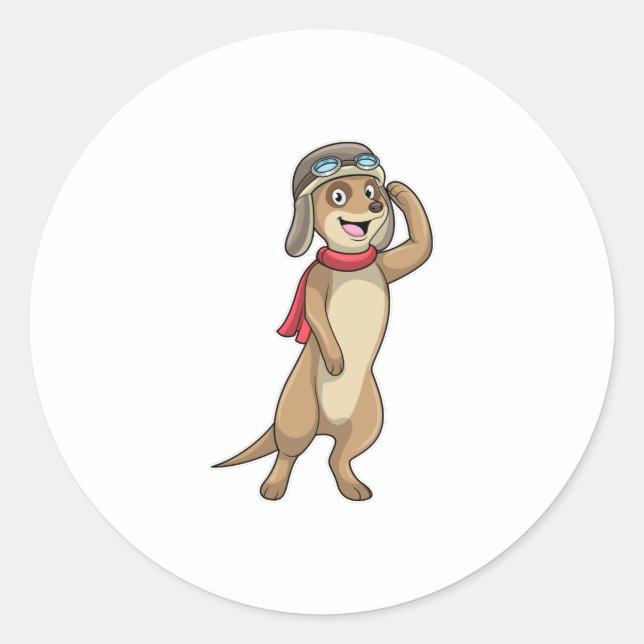 Pegatina Redonda Meerkat como piloto con gorra piloto (Anverso)