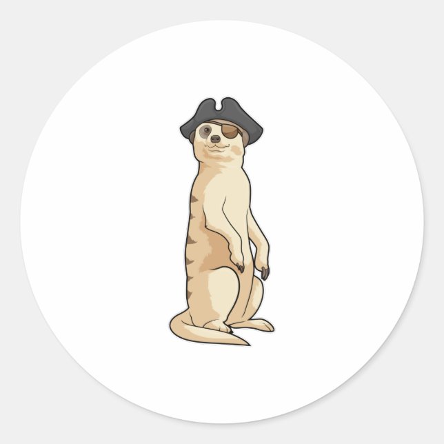 Pegatina Redonda Meerkat como pirata con gorra pirata (Anverso)