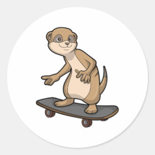 Pegatina Redonda Meerkat como Skater con Skateboard