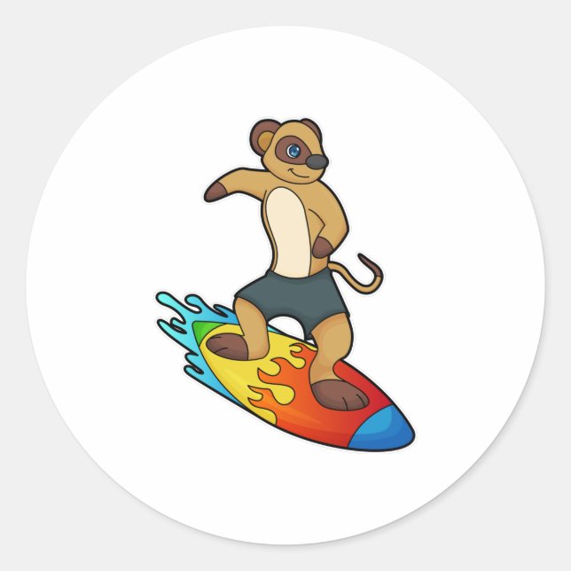 Pegatina Redonda Meerkat como surfista con Surfboard (Anverso)