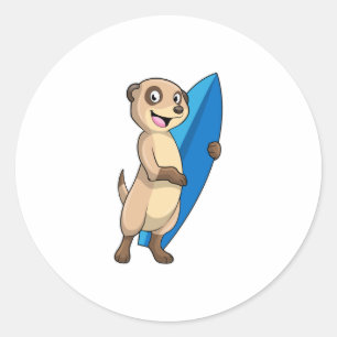 Pegatina Redonda Meerkat como surfista con Surfboard