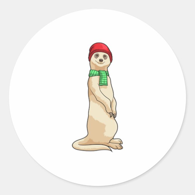 Pegatina Redonda Meerkat con Gorra y Scarf (Anverso)