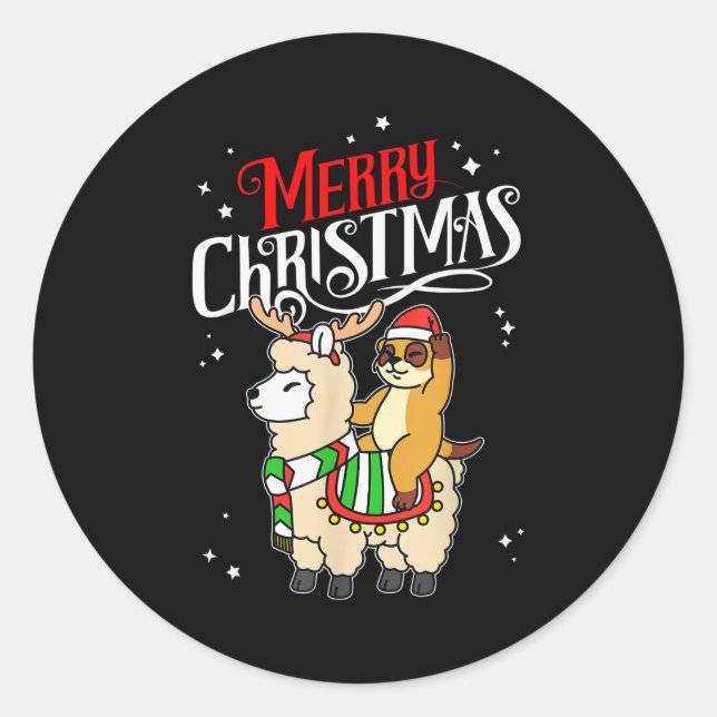 Pegatina Redonda Meerkat Merry Christmas Reindeer Llama Riding Meer (Anverso)