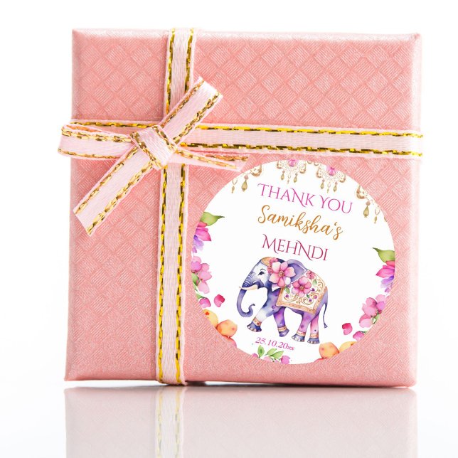 Pegatina Redonda Mehndi boda indio elefante rosa favorece (Mehndi Indian wedding cute elephant favor gift thank you stickers modern watercolor pink and gold)