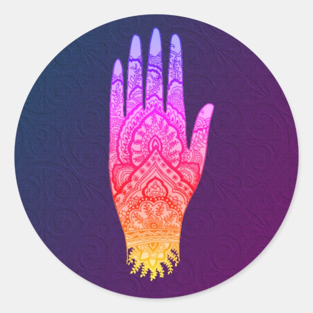 Pegatina Redonda Mehndi Hand Tattoo Art Rainbow (Anverso)