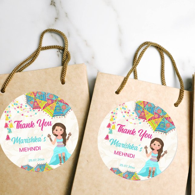 Pegatina Redonda Mehndi rosa azul niña india gracias favor (Mehndi favor stickers pink blue cute Indian girl thank you favor Classic Round Sticker )