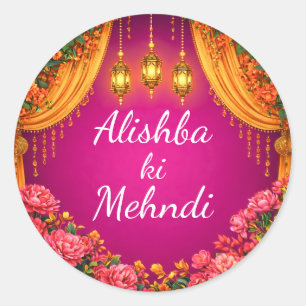 Pegatina Redonda Mehndi rosa y Sticker de Sangeet para bodas indias