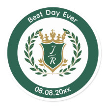 Mejor Día de Boda Monograma Verde Dorado Escudo