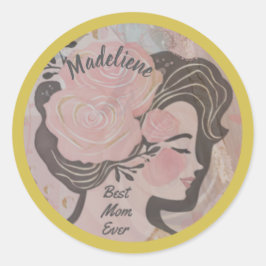 Pegatina Redonda Mejor Mamá Bonito Flores Doradas Nombre de Ronda d