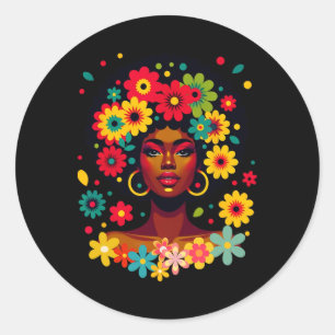 Pegatina Redonda Melanin, mujer negra groovy, con flores, orgullo a