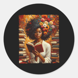 Pegatina Redonda Melanin Queen Afro Womeneducan libro de lectura Bl