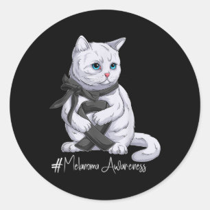 Pegatina Redonda Melanoma Mes de Conciencia Gato Cinta Negra