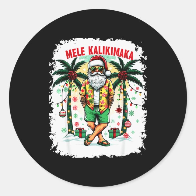 Pegatina Redonda Mele Kalikimaka Christmas In July Hawaiian Santa S (Anverso)