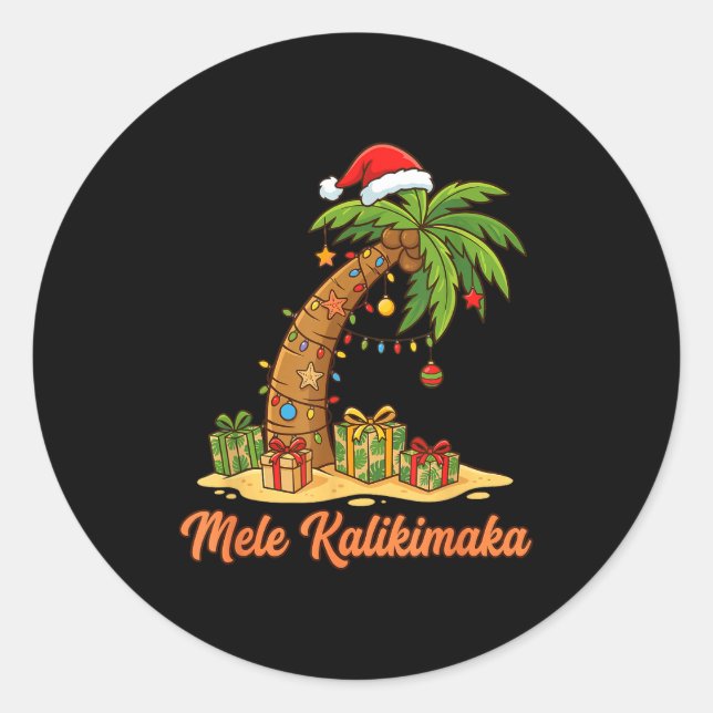 Pegatina Redonda Mele Kalikimaka Hawaiian Christmas Palm Trees  (Anverso)